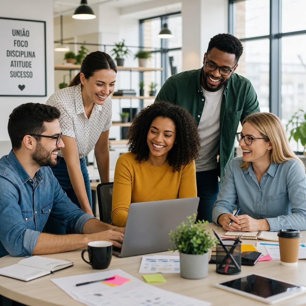Equipe colaborando em um ambiente de trabalho saudável