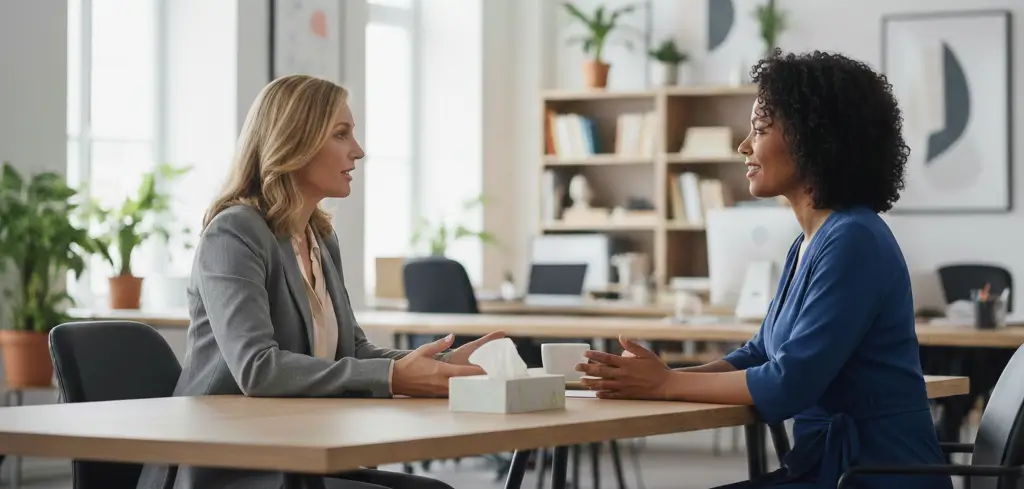 Duas psicólogas conversando em um consultório iluminado