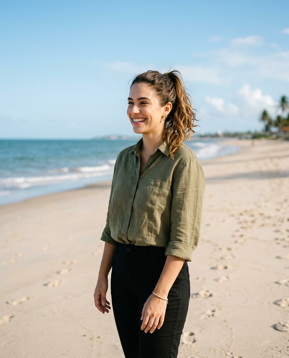 Pessoa sorrindo em um ambiente tranquilo, simbolizando o bem-estar da terapia online